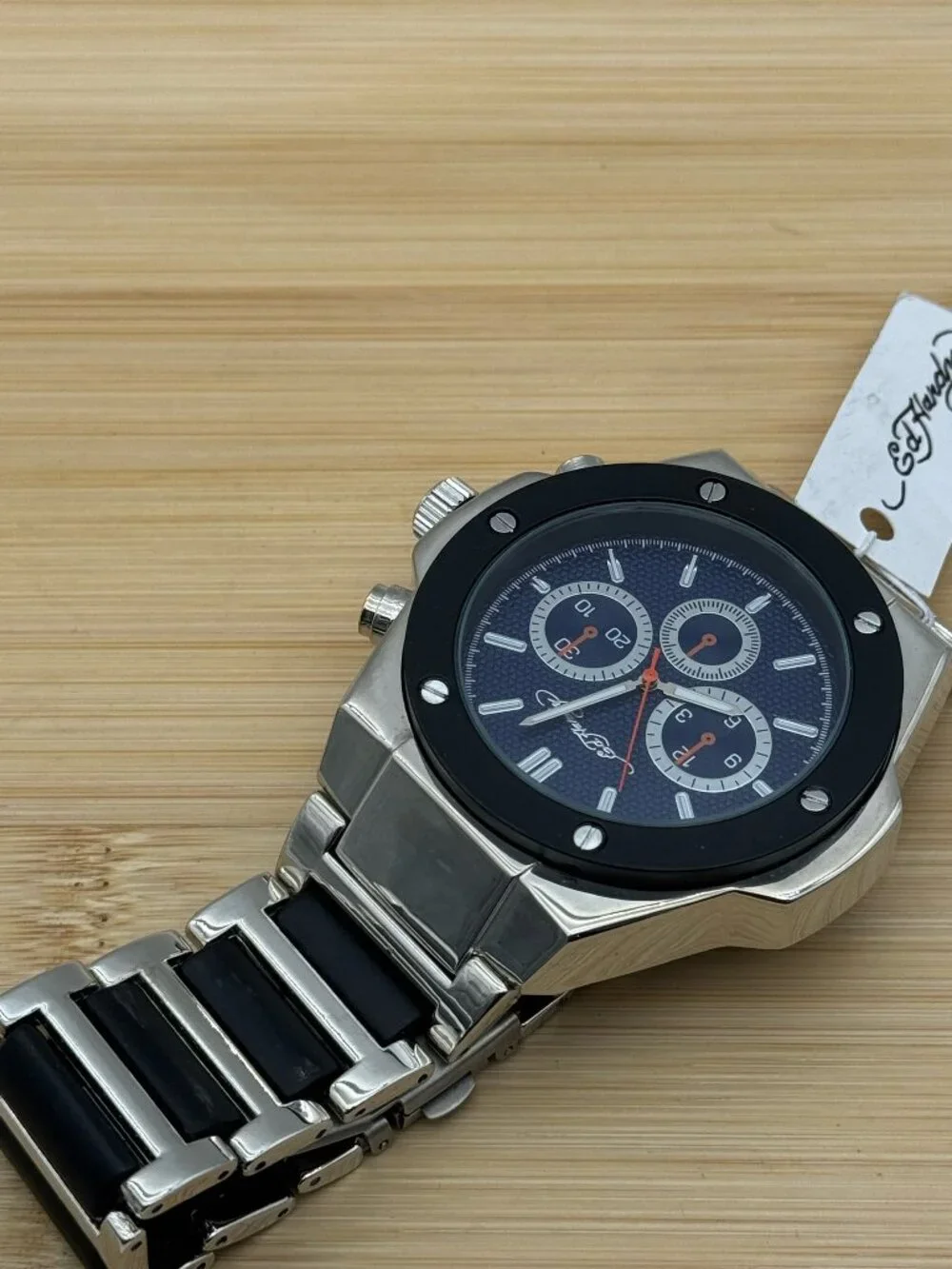Ed Hardy Men's Silver Tone Bracelet Watch Blue Dial Black Bezel Quartz